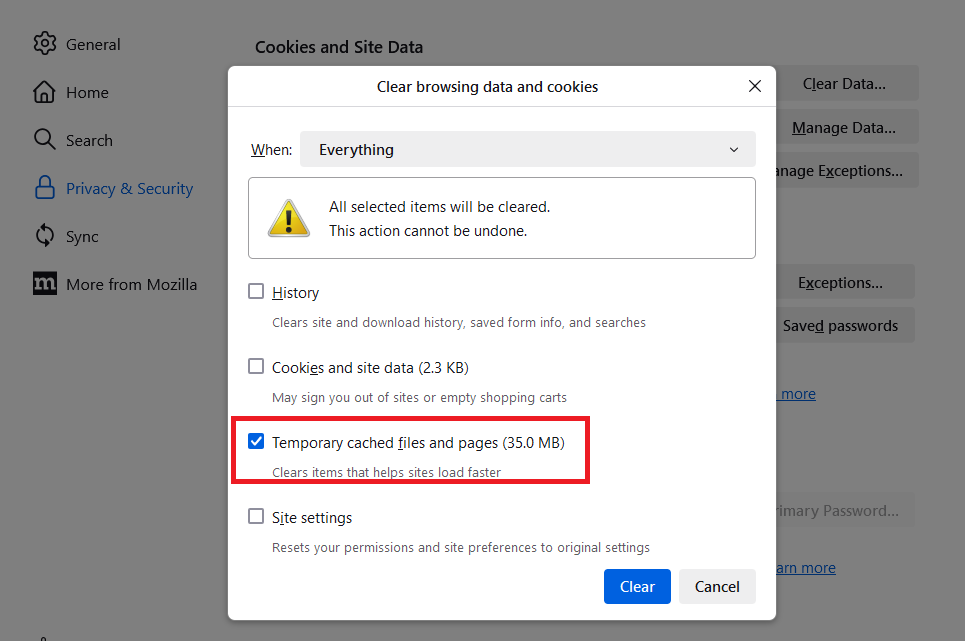 Firefox's Clear browsing data and cookies dialog with Temporary cached files and pages ticked